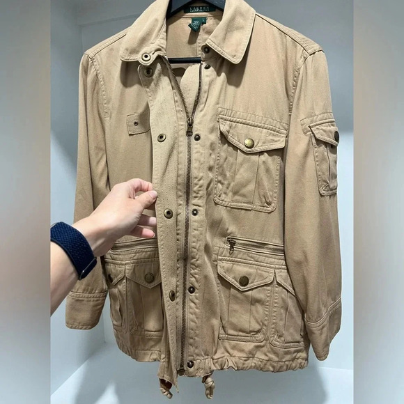 Lauren Ralph Lauren Tan Safari 3/4 Sleeve jacket utility collared cargo Large - Picture 7 of 13